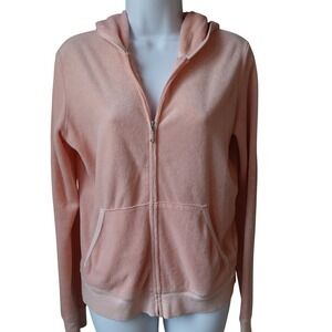 Juicy Couture Velour Zip Up Hoodie Pink Y2K Vintage Womens Large 2000s USA Made
